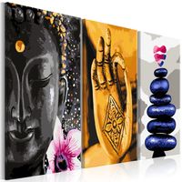 Schilderij -Oosters Trio , Boeddha ,Stenen, Zen , 3 luik , 120x60cm