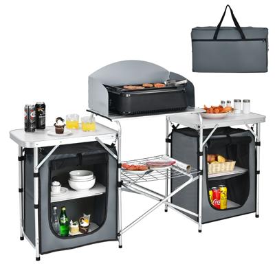 Opvouwbare Kampeertafel met Opbergruimte Aluminium Grillplaat met Voorruit en Draagtas Draagbare 2-Laags Keuken Kooktoestel Grijs