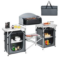 Opvouwbare Kampeertafel met Opbergruimte Aluminium Grillplaat met Voorruit en Draagtas Draagbare 2-Laags Keuken Kooktoestel Grijs