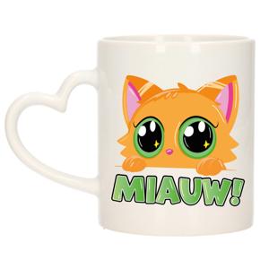 Cadeau koffie/thee mok - poes/kat - Miauw - groen - hartjes oor - keramiek - poesje