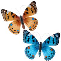 Wanddecoratie vlinders - 2x stuks - oranje en blauw - 34 x 28 cm - metaal - muurdecoratie tuin