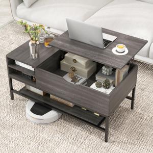Salontafel met Opklapbaar Blad Salontafel met Verborgen Vak en Verwijderbare Opbergplank Opvouwbare Centrale Tafel Grijs/Wit