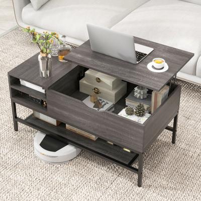 Salontafel met Opklapbaar Blad Salontafel met Verborgen Vak en Verwijderbare Opbergplank Opvouwbare Centrale Tafel Grijs/Wit