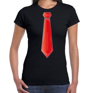 Verkleed t-shirt voor dames - stropdas rood - zwart - carnaval - foute party - verkleedshirt