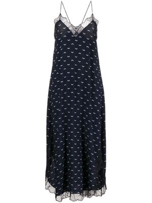 Zadig&Voltaire robe mi-longue en soie à bords en dentelle - Bleu