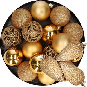 16x stuks kerstballen 6 cm met 6x st dennenappel kersthangers goud kunststof