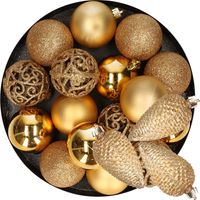 16x stuks kerstballen 6 cm met 6x st dennenappel kersthangers goud kunststof - thumbnail