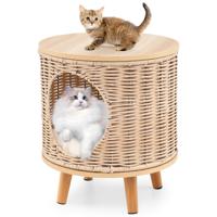 Kattenhuis Rattan Kattenbed met Houten Poten & Afneembare Kussen voor Katten tot 30 kg Binnen Kattenmeubels 36 x 36 x 41 cm Natuur