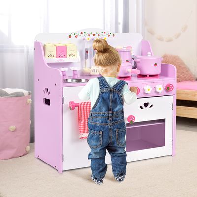 Roze Kinderkeuken met Bloemenpatroon Speelgoedkeuken met 13 Accessoires Grote Opbergruimte 60 x 29,5 x 62 CM