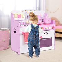Roze Kinderkeuken met Bloemenpatroon Speelgoedkeuken met 13 Accessoires Grote Opbergruimte 60 x 29,5 x 62 CM