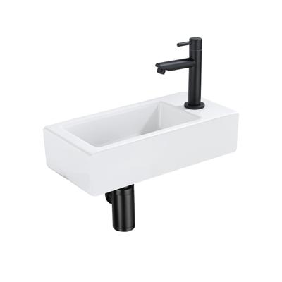 QeramiQ Fuente Fonteinset - 37.5x18.5x9cm - keramiek - kraangat rechts - fonteinkraan zwart mat - afvoerplug - verlaagd sifon - Mat wit SW1122446/SW696205/SW696215/SW696235