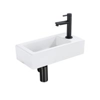 QeramiQ Fuente Fonteinset - 37.5x18.5x9cm - keramiek - kraangat rechts - fonteinkraan zwart mat - afvoerplug - verlaagd sifon - Mat wit SW1122446/SW696205/SW696215/SW696235