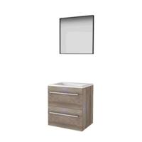 Basic-Line Framed 46 Badkamermeubelset - 60 x 46 cm - Met Grepen - 2 Lades - Acryl Wastafel - 1 Kraangat - Spiegel met Zwart Aluminium Frame - Scotch Oak