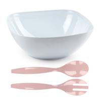 Salade/fruit diepe serveerschaal - wit - kunststof - 28 x 11 cm - met couvert/bestek in het pink Salade/fruit diepe serveerschaal - wit - kunststof - 28 x 11 cm - met couvert/bestek in het pink