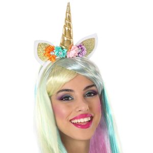 Atosa Verkleed haarband Unicorn/eenhoorn - goud gekleurd - meisjes/dames - met bloemen   -