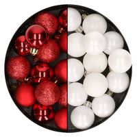 28x stuks kleine kunststof kerstballen wit en rood 3 cm