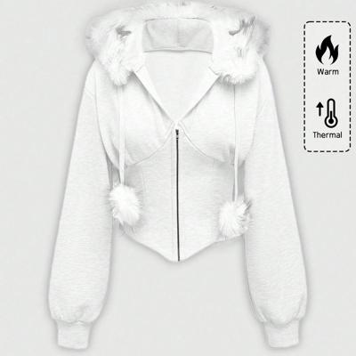 Bon&Bon Women's Grey Leopard Print Faux Fur Collar Zip Up Hoodie White / M