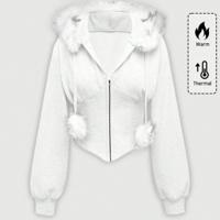Bon&Bon Women's Grey Leopard Print Faux Fur Collar Zip Up Hoodie White / M