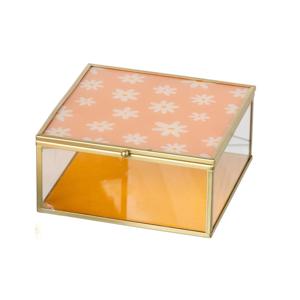 Glazen box bloemen groot - goud/roze - 6x14x14 cm