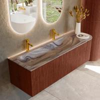 Badmeubel Mondiaz Kurve-Dlux | 145 cm | Meubelkleur Ruby | Wastafelkleur Sombra | Solid surface | Wasbak linker zijde spoelbak | 2 kraangaten