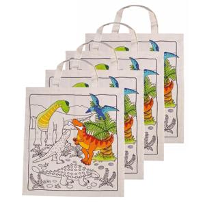 Inkleurbaar tasje DIY - 4x - dinosaurus motief - 38 x 42 cm - fairtrade katoen