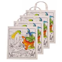 Inkleurbaar tasje DIY - 4x - dinosaurus motief - 38 x 42 cm - fairtrade katoen