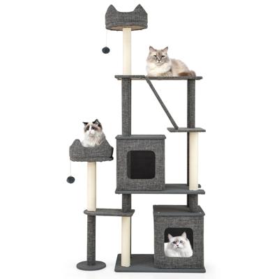 180 cm Krabpaal Groot Kattenboom met 2 Holletjes Platforms Kattenbed Sisalpalen Bal & Ladder en Sisalplank Kattenkrabpaal Katten Grijs