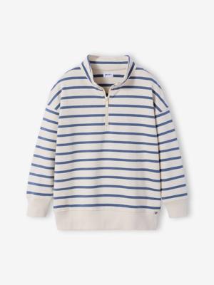 Sweater voor jongens met opstaande kraag en rits blauw, gestreept