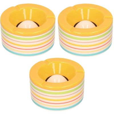 Set van 3x stuks terras asbakken/stormasbakken rond keramiek 14 x 7,5 cm geel met streep