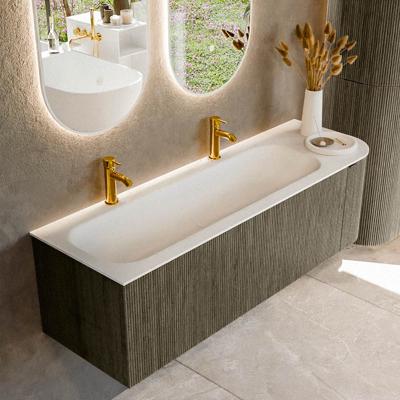 Badmeubel Mondiaz Kurve | 145 cm cm | Meubelkleur Shadow | Wastafelkleur Talc | Solid surface | Wasbak links zijde spoelbak | 2 kraangaten