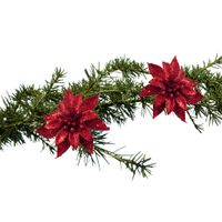 Kerstboomversiering bloemen op clip - 2x st - rood - 8 cm - glitters - kunststof - thumbnail