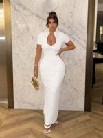 Black Ruched V-Neck Bodycon Maxi Dress | Elegant Short Sleeve White / XS