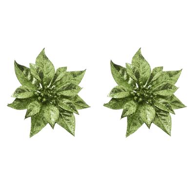 Decoratie bloem - 2x stuks - kerstster - op clip - groen - glitter -18 cm - kunststof - kerstversier