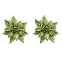 Decoratie bloem - 2x stuks - kerstster - op clip - groen - glitter -18 cm - kunststof - kerstversier