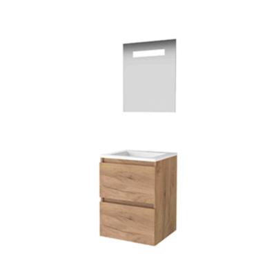 Basic-Line Premium 46 Badkamermeubelset - 50 x 46 cm - Greeploos - 2 Lades - Acryl Wastafel - 1 Kraangat - Spiegelkast met LED Verlichting - Whisky Oak