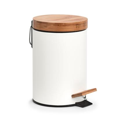 Zeller prullenbak/pedaalemmer - metaal - bamboe hout - 3L - wit - 17 x 24 cm