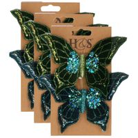 6x stuks kunststof decoratie vlinders op clip groen/blauw 10 x 15 cm