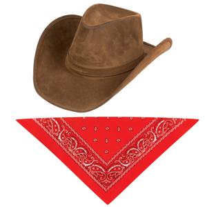 Carnaval verkleedset cowboyhoed Nebraska bruin - met rode hals zakdoek - voor volwassenen