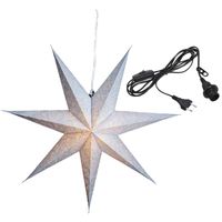 Kerstversiering zilveren papier decoratie kerststerren 60 cm inclusief zwarte lichtkabel