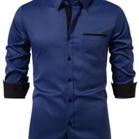 Bon&Bon Men's Dark Grey Long Sleeve Pocket Casual Shirt | Regular Fit Navy Blue / XL