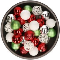 Kerstballen 37x stuks wit/rood/groen/zilver kunststof 6cm