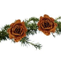 2x stuks kerstboom bloemen roos koper glitter op clip 10 cm - thumbnail