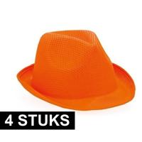 Verkleed trilby hoedje - 4x - oranje - polyester - volwassenen - Carnaval feest hoed