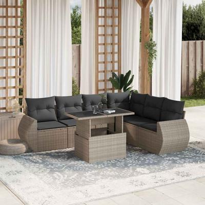 7-delige Loungeset met kussens poly rattan lichtgrijs