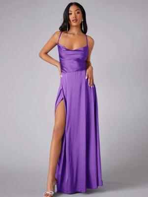 Bon&Bon Lilac Satin Bridesmaid Dress | Cowl Neck Maxi Gown with Split Violet Purple / L