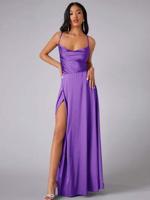 Bon&Bon Lilac Satin Bridesmaid Dress | Cowl Neck Maxi Gown with Split Violet Purple / L