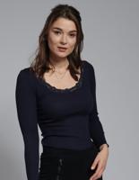 Rib Shirt met Kant Zijde Katoen Lange Mouw Kokon Zwo, Kleur Navy blauw, Maat Extra Large