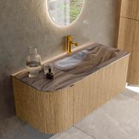 Badmeubel Mondiaz Kurve-Dlux | 105 cm | Meubelkleur Oak | Wastafelkleur Sombra | Solid surface | Wasbak rechter zijde spoelbak | 1 kraangat