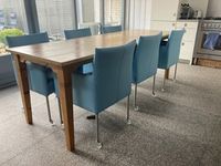 Set van 6 leren kuip eetkamerstoelen - met wieltjes - blauw leer - Echt leer, Modern, ontdek de vele Leersoorten en Kleuren bij ShopX