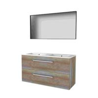 Basic-Line Framed 46 Badkamermeubelset - 120 x 46 cm - Met Grepen - 2 Lades - Keramische Wastafel - 2 Kraangaten - Spiegel met Zwart Aluminium Frame - Scotch Oak